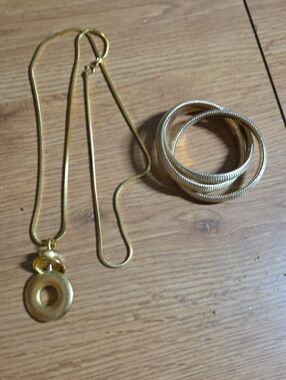Gold-Tone Pendant Necklace with Matching Coil Bracelets